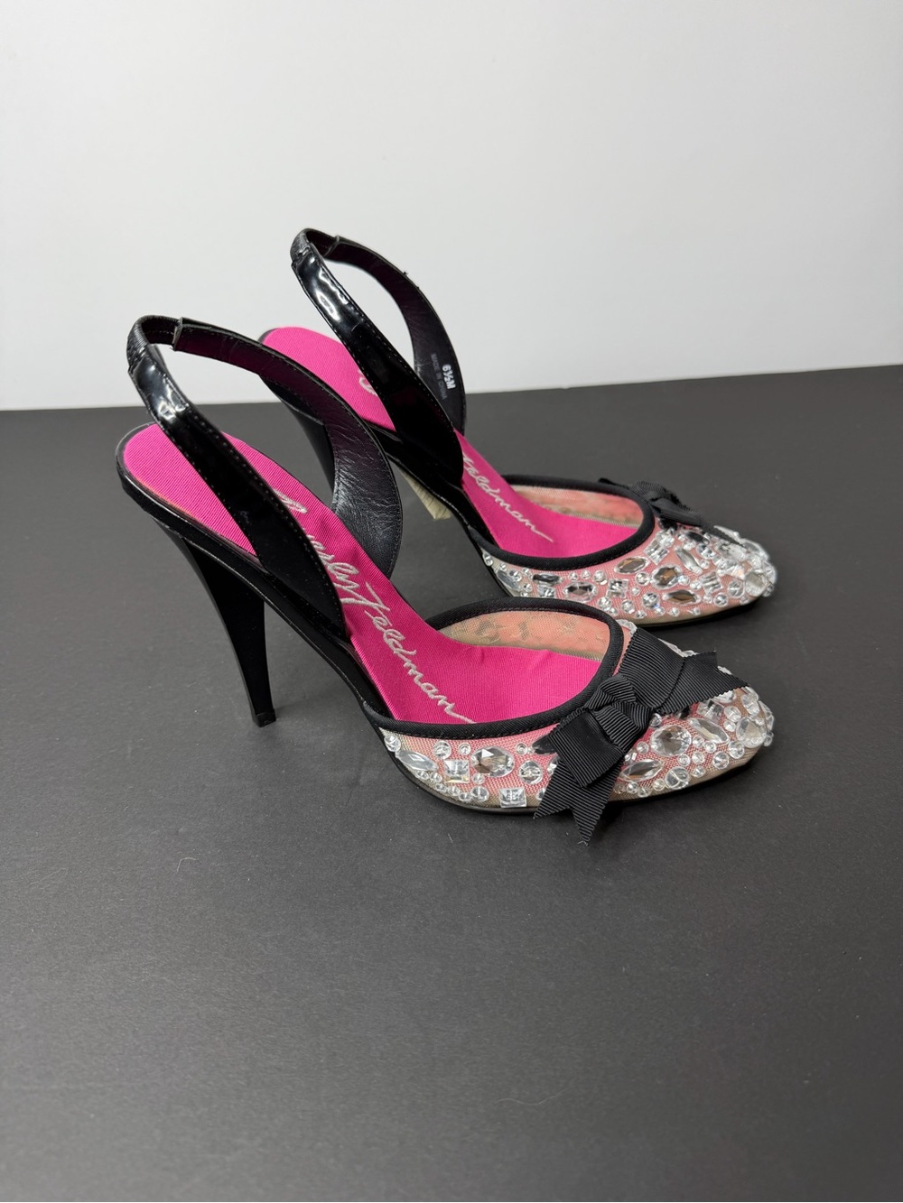 Beverly Feldman Black Patent Slingback Heels with Pink Insole and Crystal Toe